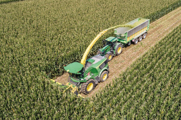 Tractors and trailers harvesting corn at dusk